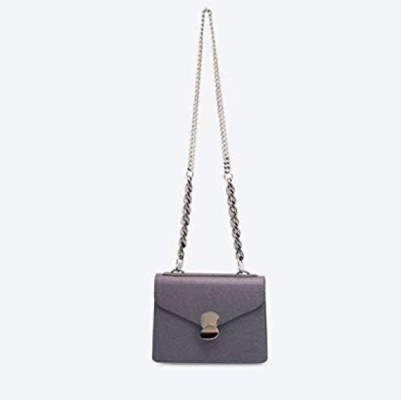 LIKE NEW CHARLES & KEITH Peacock Front Flap Bag Purple Metallic Silver Chain - Picture 2 of 6